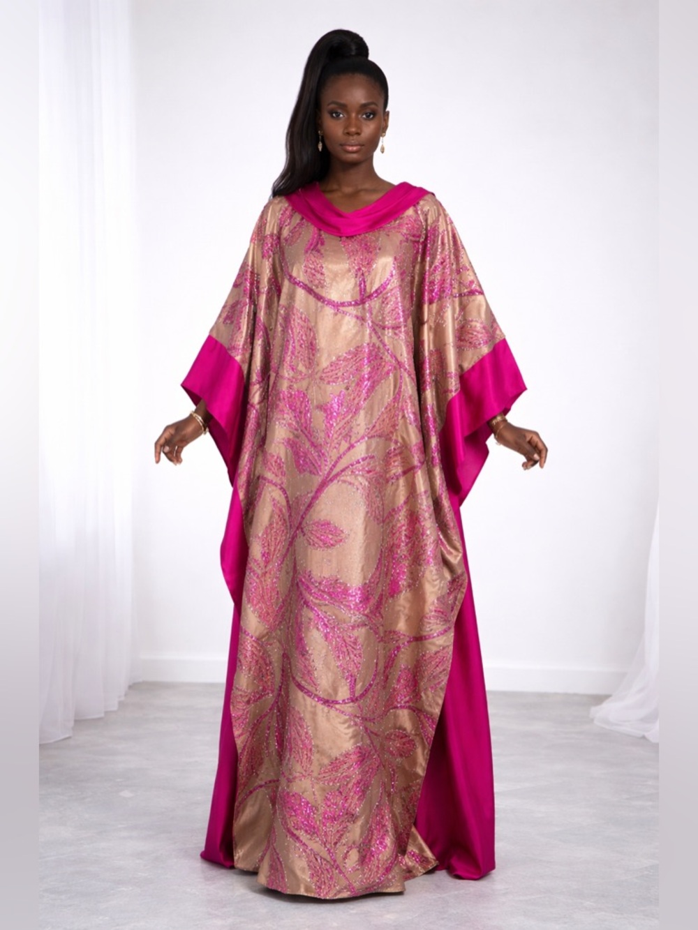 Pink and Gold Embroidered Caftan Dress